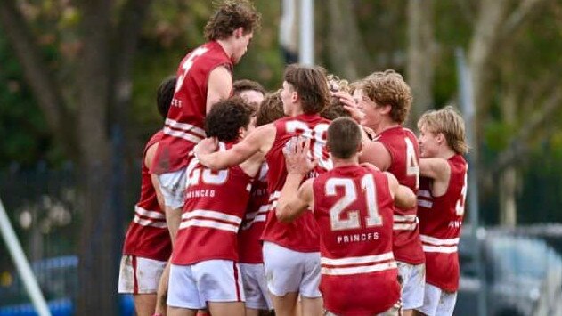 Prince Alfred College players celebrate on the final siren. Picture: Supplied, Prince Alfred College, Festival City Photography