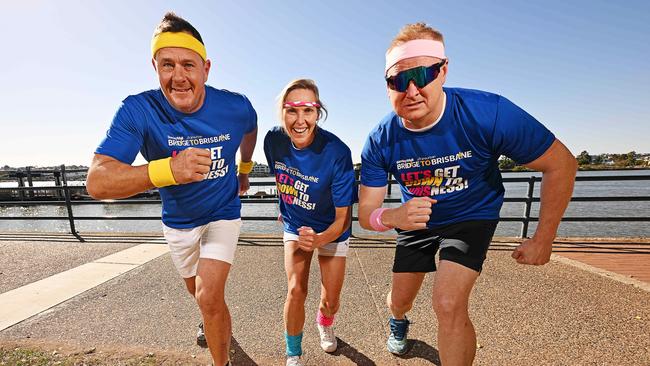 Nova breakfast team Ashley Bradnam, Susie O’Neill and David "Luttsy" Lutteral are excited to start training for the Bridge to Brisbane. Picture: Lyndon Mechielsen / Courier Mail