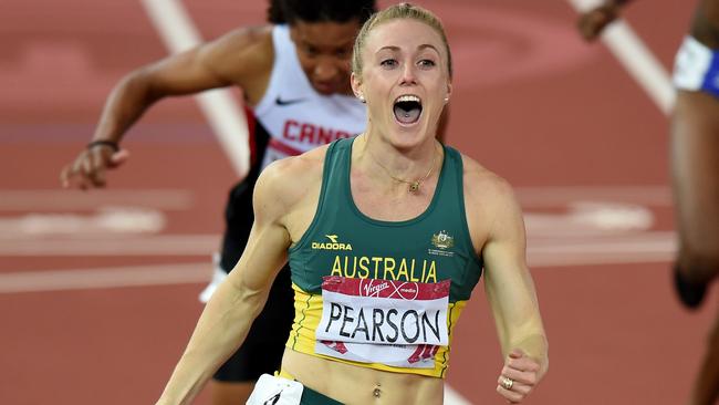 Sally Pearson celebrates after winning Commonwealth gold. Picture: AAP