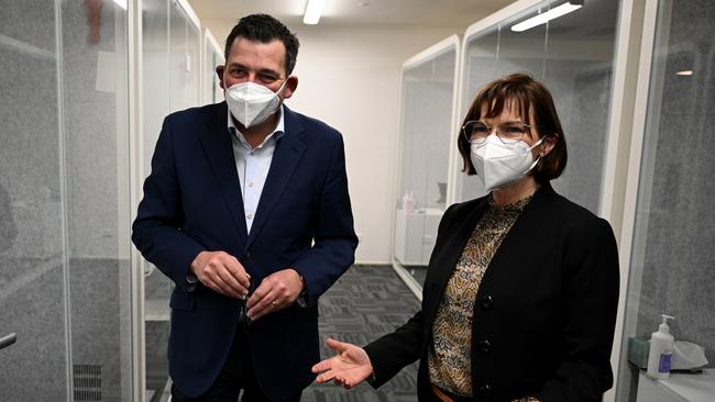 Victorian Premier Daniel Andrews and Victorian Health Minister Health Mary-Anne Thomas tour call centre pods in a Victorian virtual emergency department. Picture: AAP Image / Joel Carrett