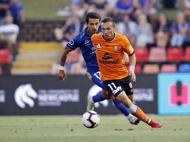 Eric Bautheac of the Roar looks for support during the Round 12 A-League match between the Newcastle Jets and the Brisbane Roar at McDonald Jones Stadium in Newcastle, Wednesday, January 2, 2019. (AAP Image/Darren Pateman) NO ARCHIVING, EDITORIAL USE ONLY