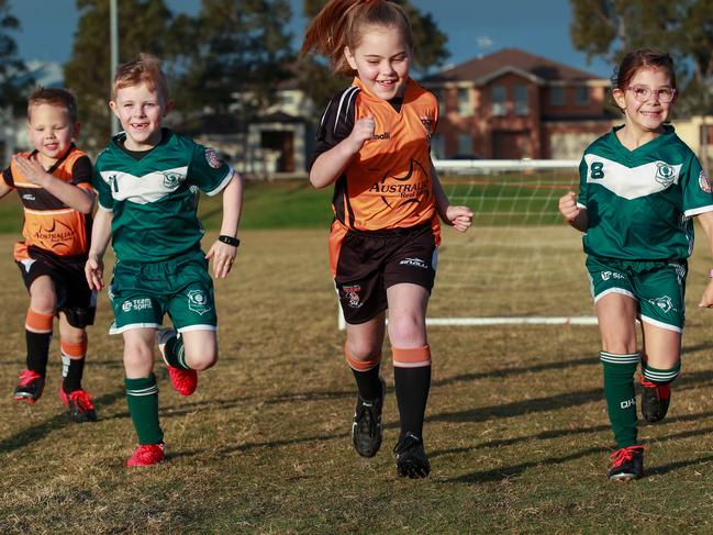 Jackson Sherlock, 5 , Patrick Howlett, 6, Rose Cook-Lewin, 7, Charlotte McGavin, 6, Henry Liebig, 6, ofBlacktown District Soccer Football Association, at Quakers Hill, today.Picture:Justin Lloyd