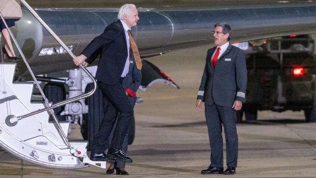 Julian Assange arrives back on Australian soil in Canberra, having signed a plea deal with the United States in Saipan. Picture: NewsWire/Ben Appleton