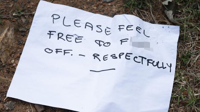 A note left on a police surveillance tower. Picture Martin Ollman