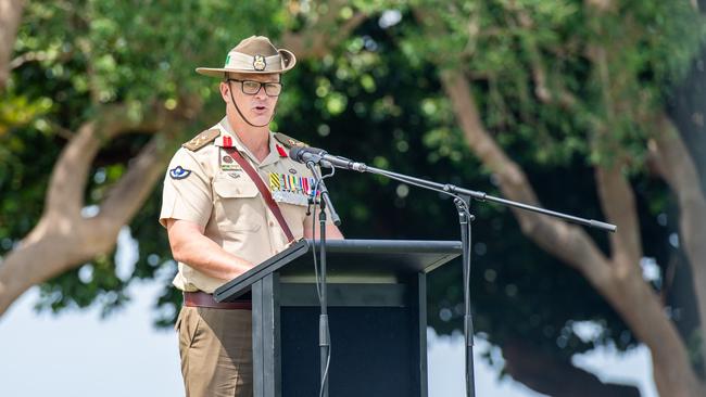 Brigadier Doug Pashley CSC with his speech at the Darwin Cenotaph's Remembrance Day service, 2023. Picture: Pema Tamang Pakhrin