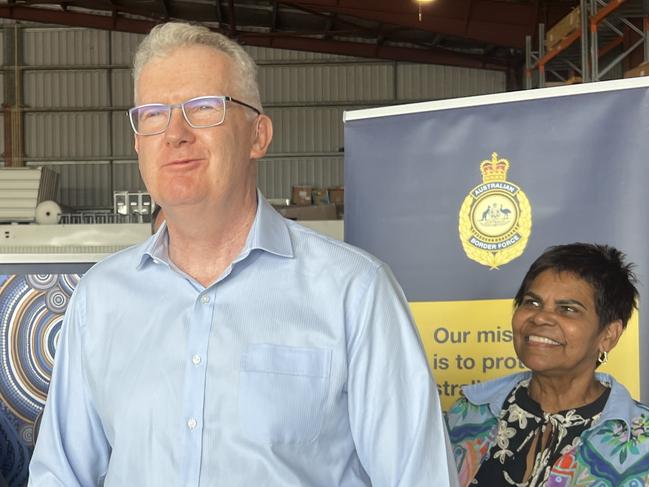 Home Affairs Minister Tony Burke, Solomon MP Luke Gosling, Lingiari MP Marion Scrymgour, MBC commander Rear Admiral Brent Sonter and Operation Lunar commander Tracie Griffin spoke to media in Darwin regarding illegal fishing.