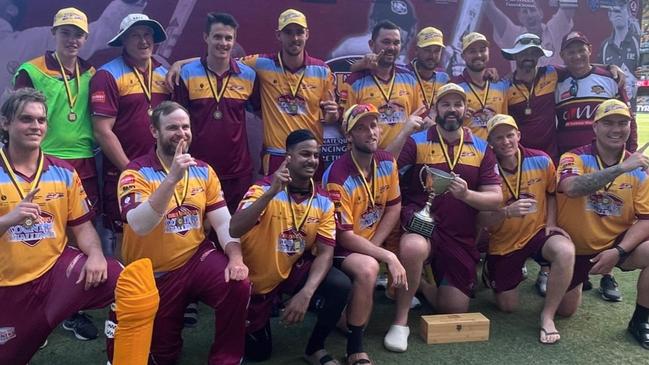 The CQ Seamers celebrate their Bulls Masters Country Challenge grand final win at the Gabba.