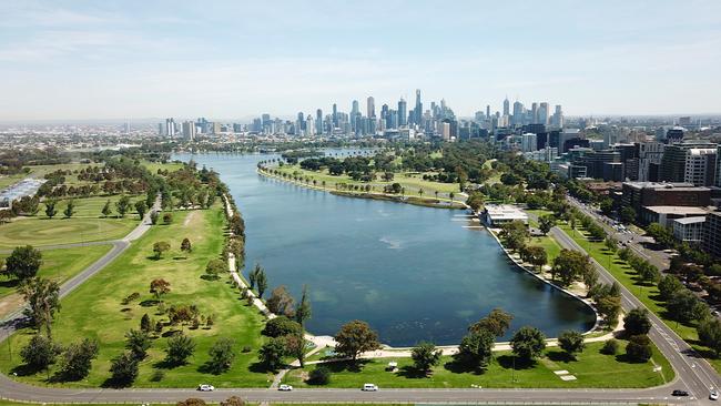 View over Melbourne's Albert Park Lake Formula One track.