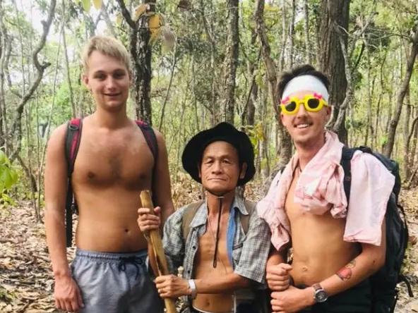 British teenager, Lee Bartlett, 19, left, on a hike with a mate while backpacking in south-east Asia in 2019. Picture: Supplied