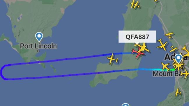 Qantas flight QF887 travelling from Adelaide to Perth was turned around mid flight due to on-board water issues. Picture: Flight Radar