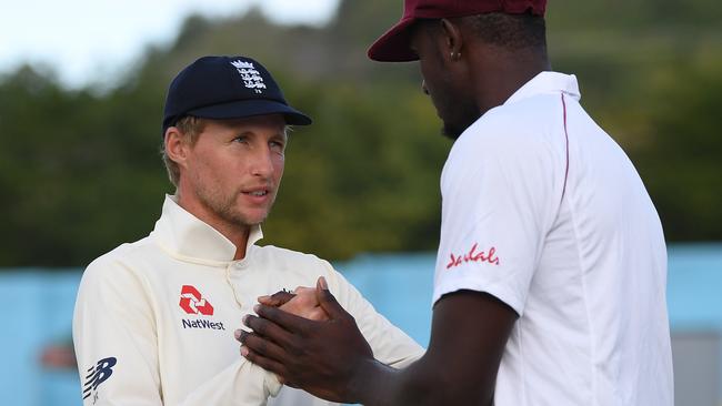 Joe Root with West Indies captain Jason Holder at the end of the Test. Picture: Getty Images