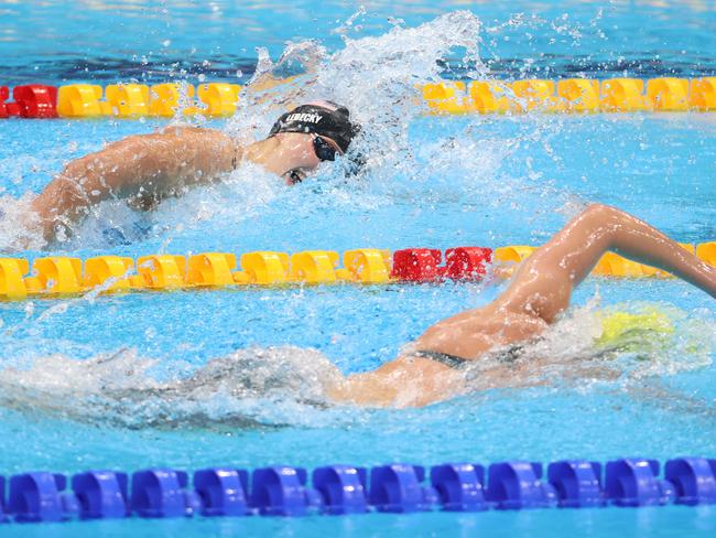 Titmus edges ahead of Ledecky during the 400m final in Tokyo. Picture: Abbie Parr/Getty Images