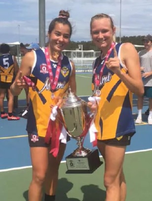 Miami players Lucy Single and Maddison Levi celebrate a win in 2018. Photo: Supplied