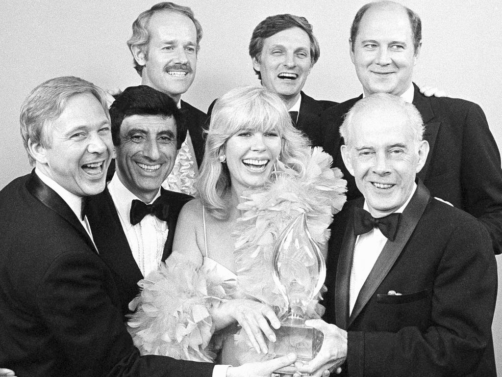 M*A*S*H cast members from L-R front: William Christopher, Jamie Farr, Loretta Swit and Henry Morgan with L-R back: Mike Farrell, Alan Alda and William Ogden Stiers in 1982. Picture: Doug Pizac / AP Photo