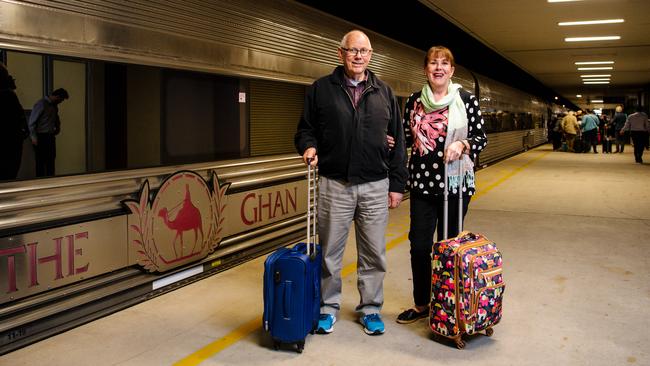 The Ghan passengers John and Anne Tunnicliff, from Angaston, on their arrival back in Adelaide. Picture: Morgan Sette/AAP