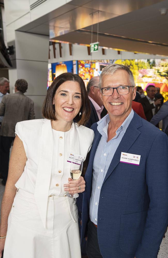 Rachel Yangoyan of QantasLink and Adam Humphries of Qantas as the Wagner family's celebrate 35 years of business and a decade of Toowoomba Wellcamp Airport, Friday, November 8, 2024. Picture: Kevin Farmer