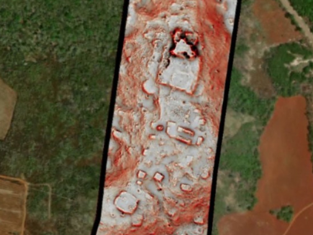 LiDAR survey data reveals ancient Maya buildings (inset, center) clustered on a hilltop, while a satellite image (far left and right) shows modern agriculture and roadbuilding underway in the valleys below. Picture: Luke Auld-Thomas