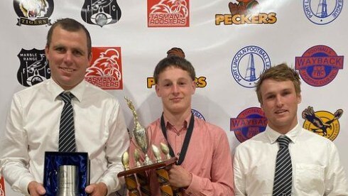 Billy Haebich (middle) after winning last season's Mail Medal. Picture: Port Lincoln Football League