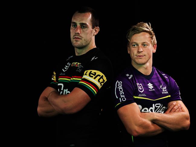 SYDNEY, AUSTRALIA - MARCH 01: (L-R) Isaah Yeo of the Penrith Panthers and Tyran Wishart of the Melbourne Storm pose for a photo during the NRL Telstra Premiership 2024 Season Launch at Telstra HQ on March 01, 2024 in Sydney, Australia. (Photo by Mark Evans/Getty Images)