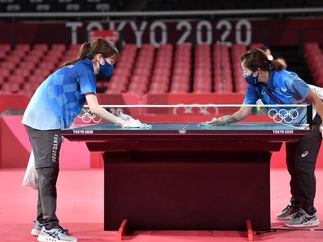 A table being sanitised at the table tennis stadium. Picture: Jung Yeon-je / AFP