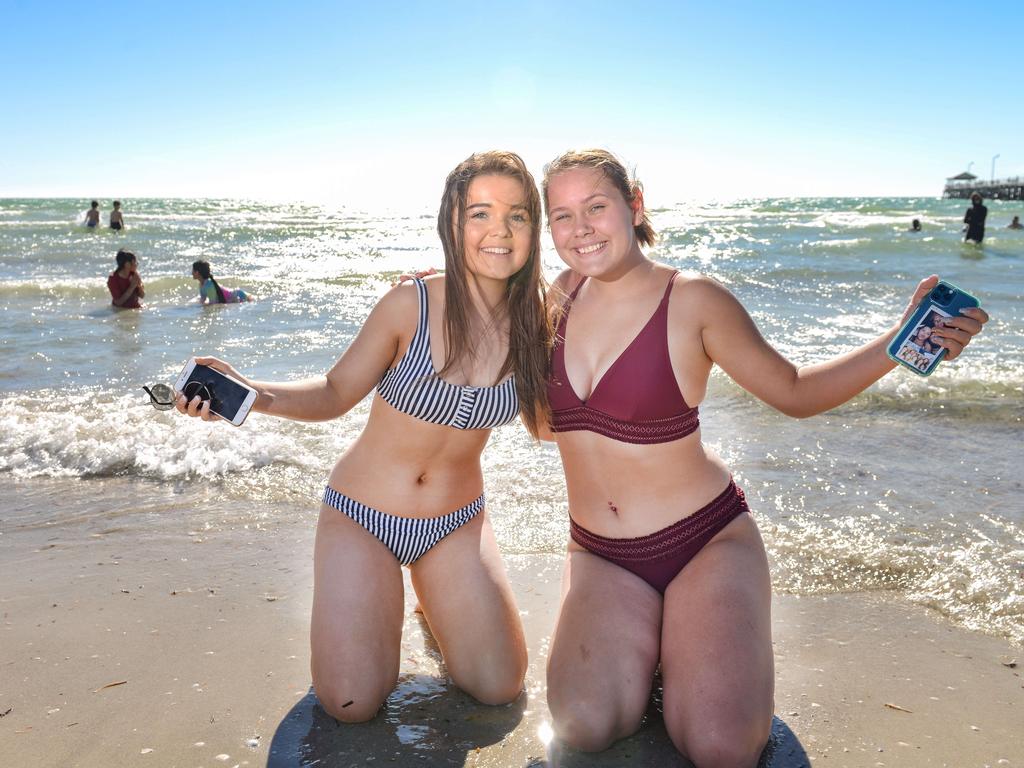 Bella Pamment and Felicity Saunders at the beach at Semaphore. Pic: Brenton Edwards