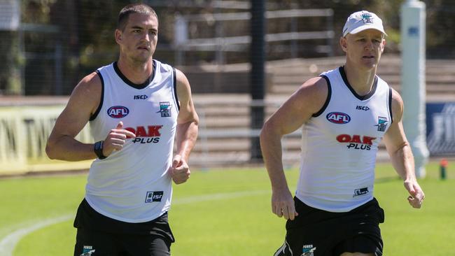 Tom Rockliff and Robbie Gray at Port Adelaide training. Picture: AAP Images