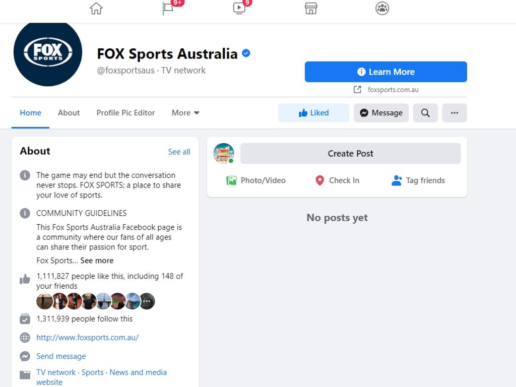 Fox Sports Australia’s Facebook page has been wiped of all posts.