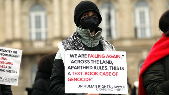 A university students protest against what they claim is the ongoing prohibition of free speech and discourse over the current Gaza conflict gather opposite the Berlin University of the Arts on December 20. Picture: Maryam Majd/Getty Images