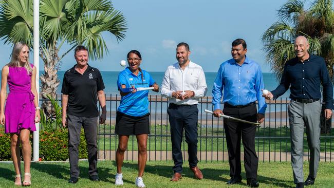 Hockey NT president Amy Peterson, NT Major Events acting chief executive Trevor Cox, Nova Peris, Hockey Australia chief executive David Pryles, Sport Minister Jinson Charls and Hockey NT chief executive Jason Butcher and announcing that Darwin will host the 2025 Oceania Cup in a return of international hockey to the NT. Picture: Pema Tamang Pakhrin