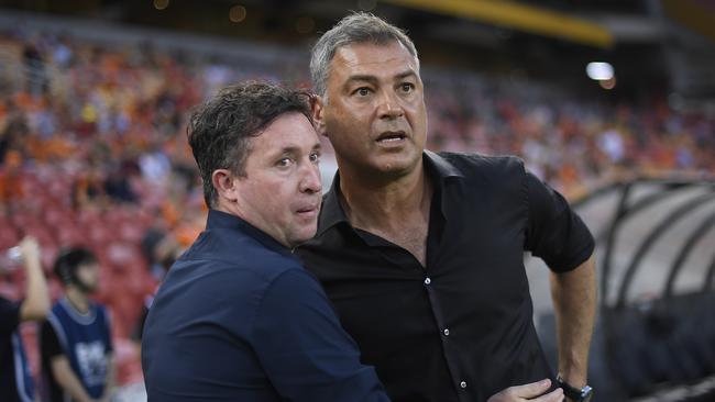 BRISBANE, AUSTRALIA – DECEMBER 13: Brisbane Roar coach Robbie Fowler and Western United coach Mark Rudan are seen during the round 10 A-League match between the Brisbane Roar and Western United at Suncorp Stadium on December 13, 2019 in Brisbane, Australia. (Photo by Albert Perez/Getty Images)