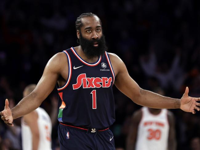 NEW YORK, NEW YORK - FEBRUARY 27: James Harden #1 of the Philadelphia 76ers reacts against the New York Knicks during the second half at Madison Square Garden on February 27, 2022 in New York City. Philadelphia 76ers won 125-109. NOTE TO USER: User expressly acknowledges and agrees that, by downloading and or using this Photograph, user is consenting to the terms and conditions of the Getty Images License Agreement. (Photo by Adam Hunger/Getty Images)