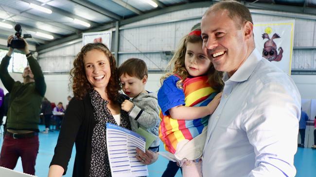 Treasurer Josh Frydenberg and his wife Amie cast their votes, with daughter Gemma and son Blake. Picture: Supplied