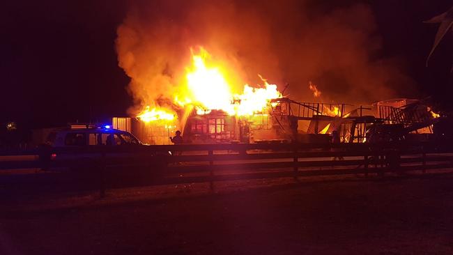 A suspicious fire burns down the Nangwarry Saints' clubrooms fire near Mount Gambier, causing around $500,000 damage. Picture: Steven Rice