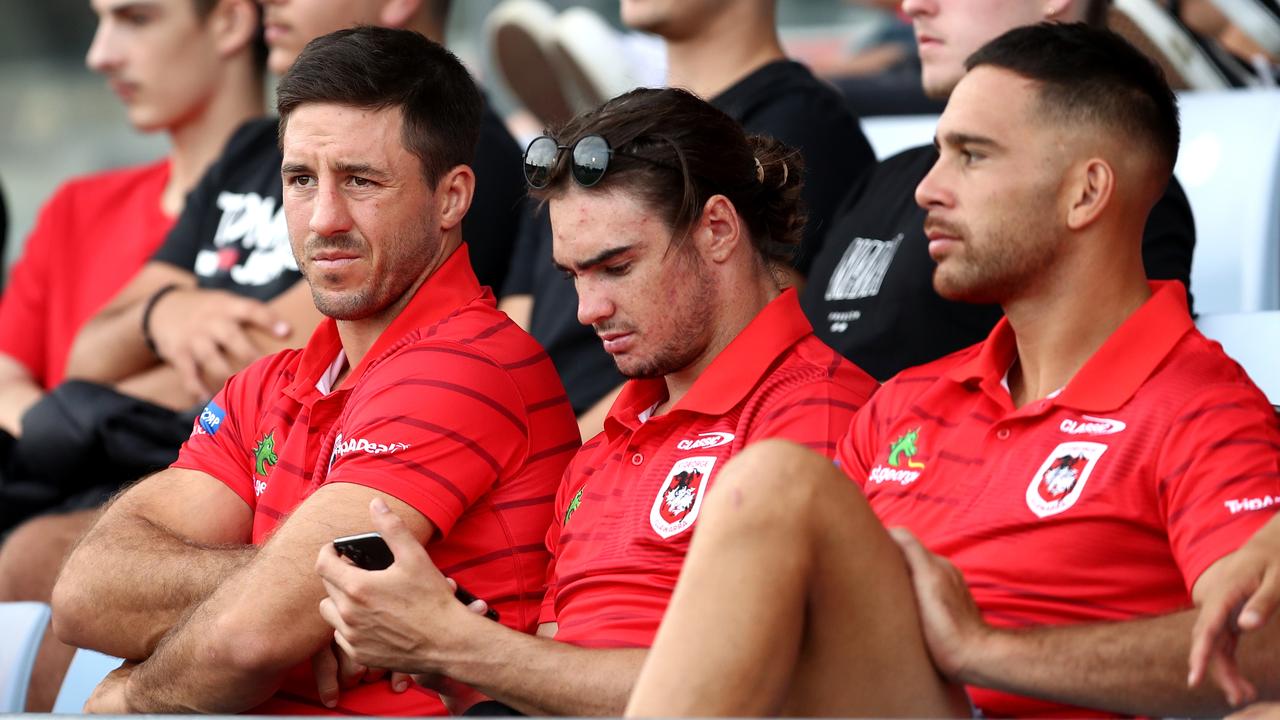 Sullivan’s slick performance was watched by regular starting halves Ben Hunt (L) and Corey Norman (R). Picture: Brendon Thorne/Getty Images