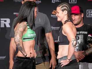 STANDOFF: Gympie's Arlene Blencowe and Amanda Bell face off at the Bellator 224 weigh-ins, held yesterday morning local time. Picture: Contributed