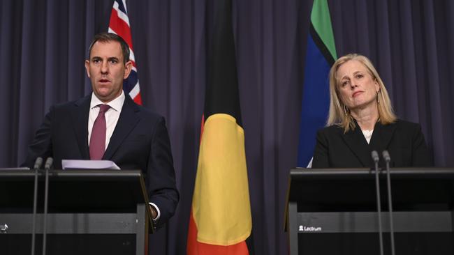 Jim Chalmers and Finance Minister Katy Gallagher release the mid-year budget update at Parliament House in Canberra. Picture: NewsWire / Martin Ollman