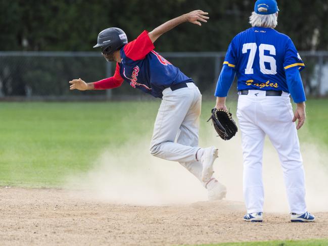 Brian Stubbs continues on to third base for Toowoomba Rangers against Mount Gravatt Eagles in GBL division five semi final baseball at Commonwealth Oval, Sunday, March 14, 2021. Picture: Kevin Farmer