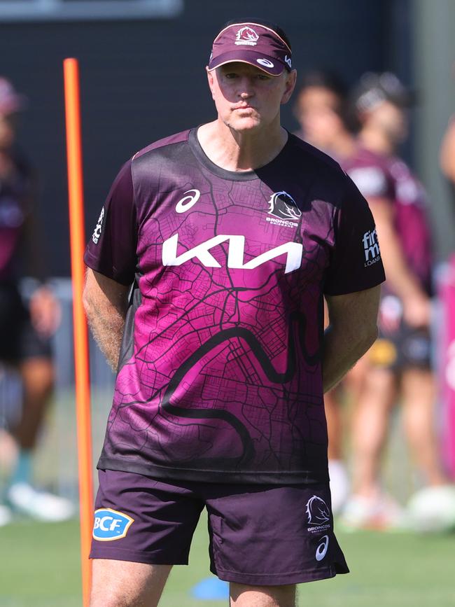 Coach Michael Maguire casts an eye over Broncos training. Picture: Nigel Hallett