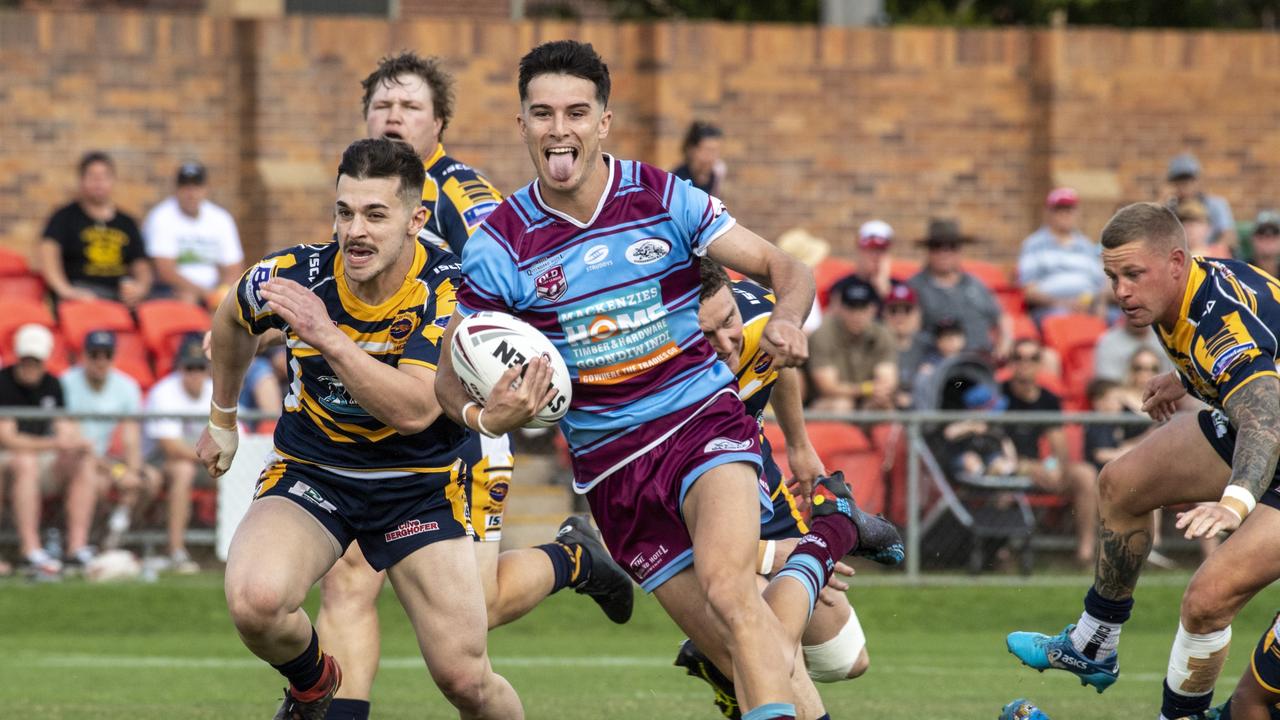 David Armstrong on his way to score a try for Goondiwindi. Picture: Nev Madsen.