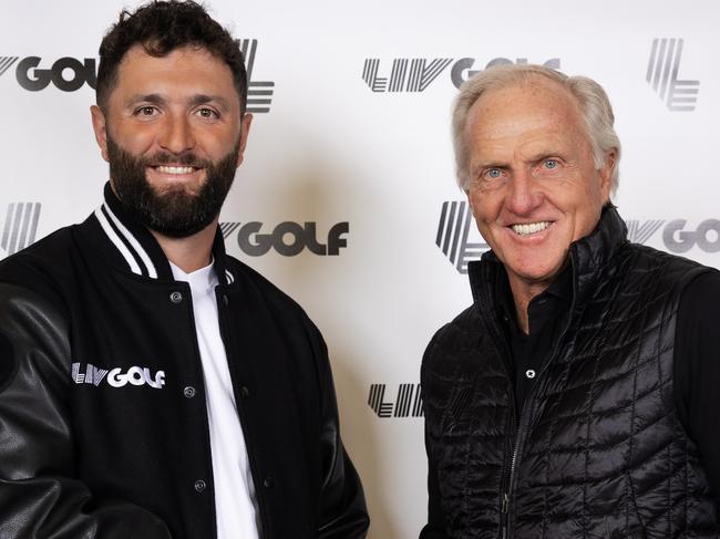 Two-time major winner and the reigning Masters champion, Jon Rahm and LIV Golf Commissioner and CEO Greg Norman shake hands during a LIV Golf announcement at the Park Hyatt New York on Dec. 7, 2023 in New York, New York. (Photo by Scott Taetsch/LIV Golf)