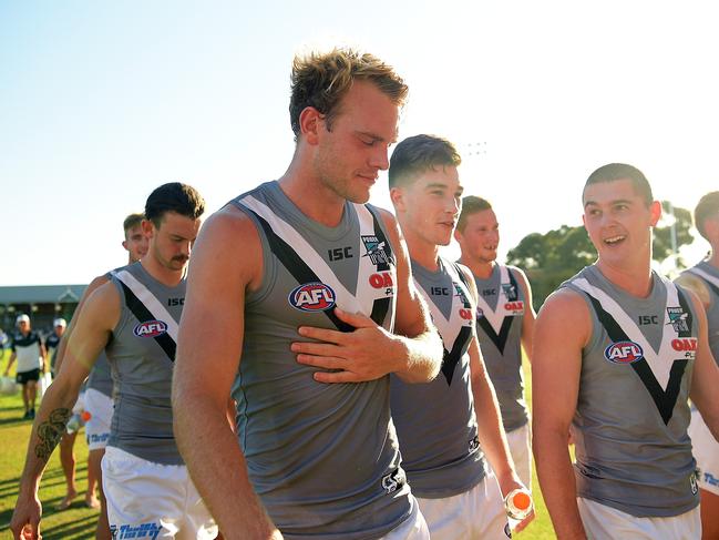 ADELAIDE, AUSTRALIA - MARCH 10: Jack Watts of the Power walks from the field after the JLT Community Series AFL match between Port Adelaide Power and the Adelaide Crows at Alberton Oval on March 10, 2018 in Adelaide, Australia.  (Photo by Daniel Kalisz/Getty Images)