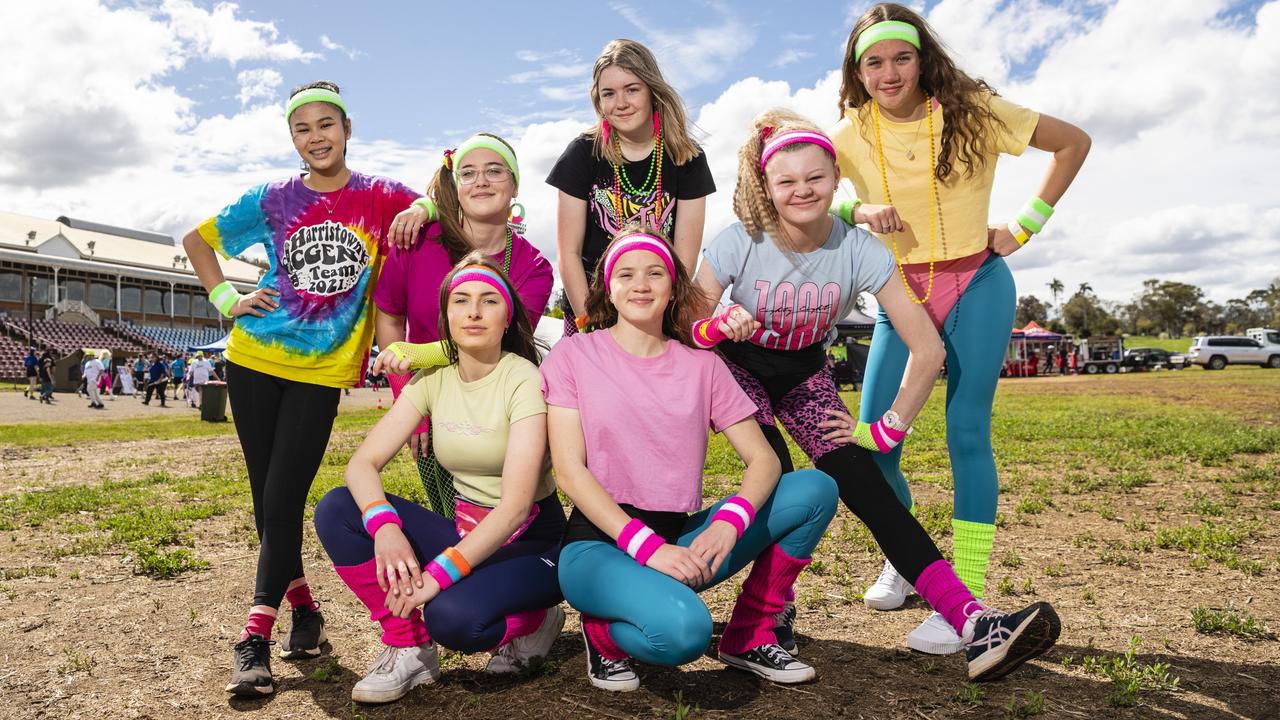 The Harristown SHS Let's Get Physical crew (from left) Mai-Lan Ruhle, Taylah Alchin (front), Taliah Asgill, Naomi Thayer (front), Mabel White, Arabella Muirden and Lihana Thayer at the Relay for Life at Toowoomba Showgrounds, Saturday, September 10, 2022. Picture: Kevin Farmer