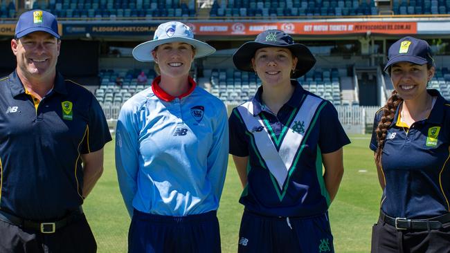 L-R Umpire Daniel Moran, NSW Metro captain Claire Moore, Victoria Country captain Rhys McKenna and umpire Ashlee Gibbons pose before the final, Cricket Australia Under-19 National Female Cricket Championships in Perth, 12 December, 2022. Picture: Cricket Australia