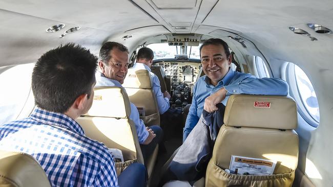 Premier Steven Marshall with Primary Industries and Regional Development Minister Tim Whetstone on Tuesday flew to drought-affected areas across the state. Picture: AAP/Roy VanDerVegt