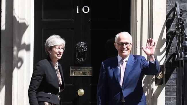 Malcolm Turnbull meets British Prime Minister Theresa May for talks at 10 Downing Street in London yesterday. Picture: Kym Smith