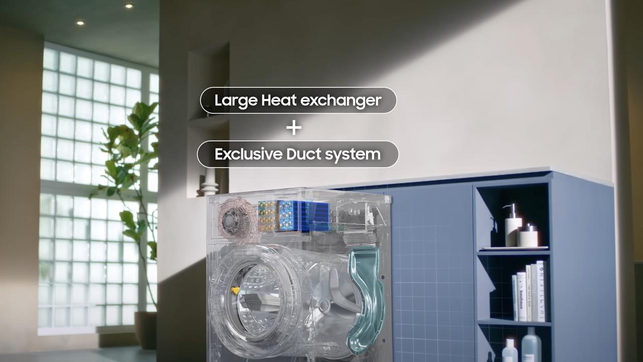 A Samsung video demonstrates the internal features of the combo and how the heat pump dryer works without circulating hot air in your laundry.