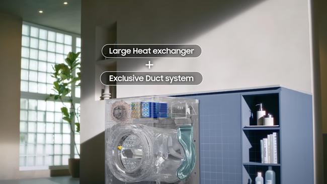 A Samsung video demonstrates the internal features of the combo and how the heat pump dryer works without circulating hot air in your laundry.