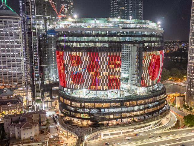 Lighting testing at Queen’s Wharf overnight, brilliant drone footage and images. Also included testing of letters, which referenced Broncos colours and words as Brisbane played first home game last night at Suncorp Stadium Picture supplied by Star Casino