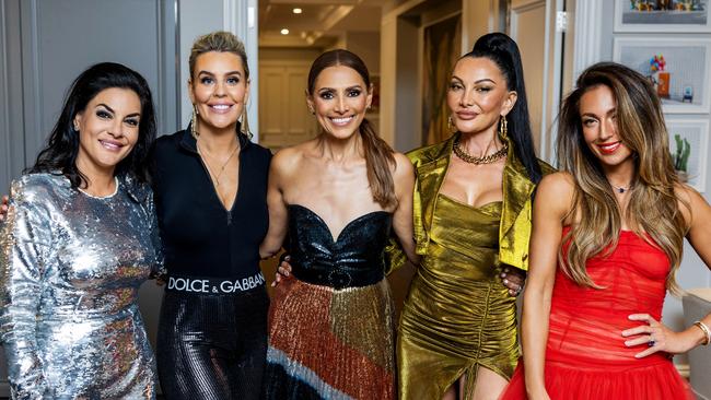 The Real Housewives of Sydney cast members pose for a group photo before the dinner, from left: Nicole O'Neil, Kate Adams, Sally Obermder, Caroline Gaultier, and Victoria Montano. Picture: BINGE/Ben Symons.