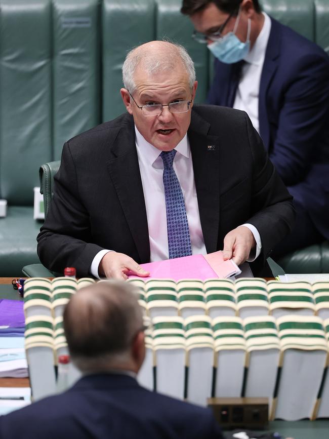 Scott Morrison responds to a question from Anthony Albanese in the House of Representatives today. Picture: NCA NewsWire / Gary Ramage